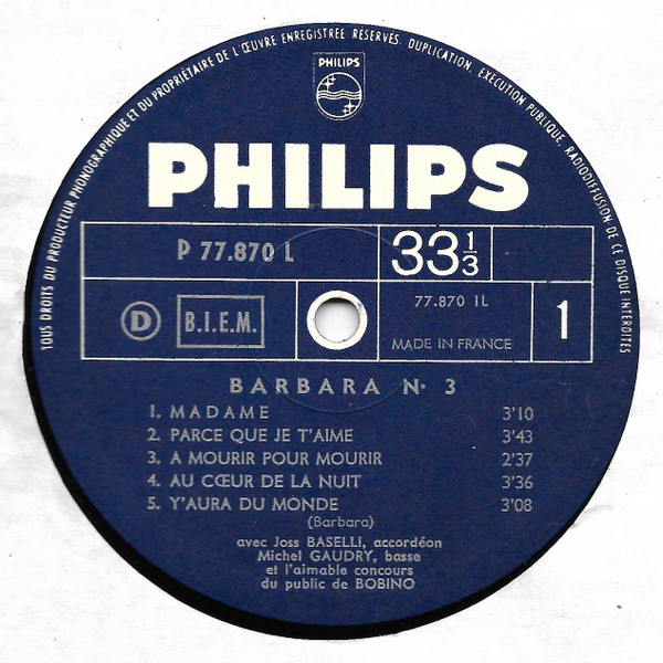 Barbara - Ma Plus Belle Histoire D'amour C'est Vous - Bobino 1967 | Philips (P 77.870 L) - 3 Barbara - Ma Plus Belle Histoire D'amour C'est Vous - Bobino 1967 | Philips (P 77.870 L) - 3