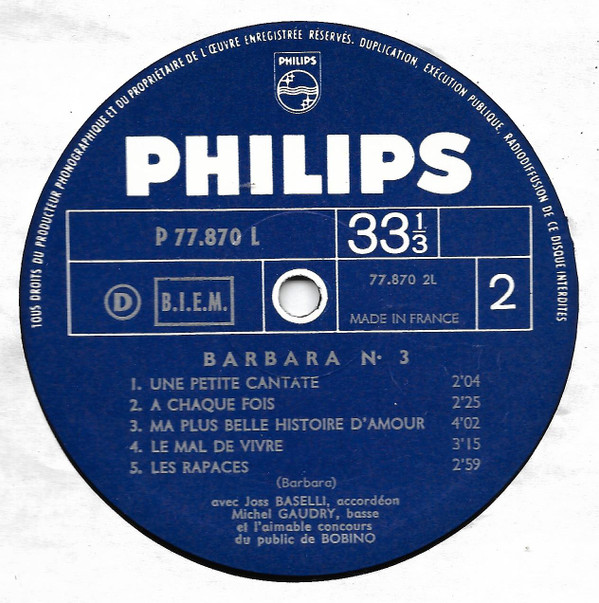 Barbara - Ma Plus Belle Histoire D'amour C'est Vous - Bobino 1967 | Philips (P 77.870 L) - 4 Barbara - Ma Plus Belle Histoire D'amour C'est Vous - Bobino 1967 | Philips (P 77.870 L) - 4