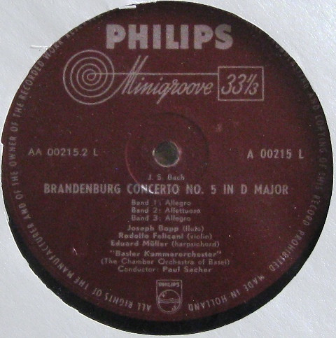 J. S. Bach , The Basler Kammerorchester , Paul Sacher - The Brandenburg Concertos Nos. 4 And 5 | Philips (A 00215 L) - 2