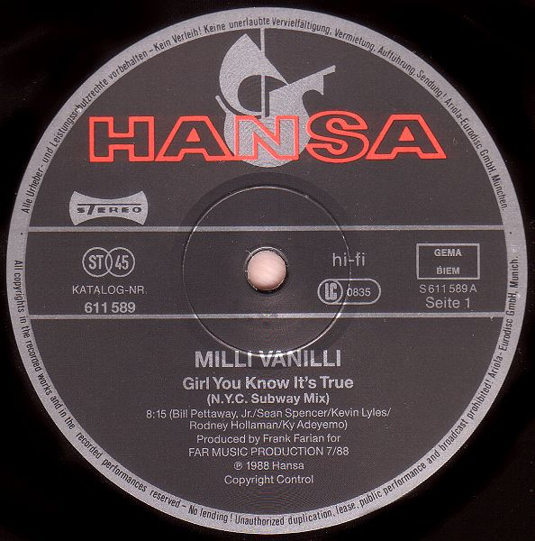 Milli Vanilli - Girl You Know It's True (N.Y.C. Subway Mix) | Hansa (611 589) - 3