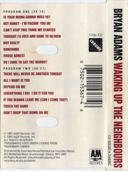 Bryan Adams - Waking Up The Neighbours | A&M Records (CS-505367) - 2