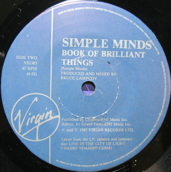 Simple Minds - Promised You A Miracle / Book Of Brilliant Things (Simple Minds Live) | Virgin Records Canada Inc. (VS1383) - 4 Simple Minds - Promised You A Miracle / Book Of Brilliant Things (Simple Minds Live) | Virgin Records Canada Inc. (VS1383) - 4