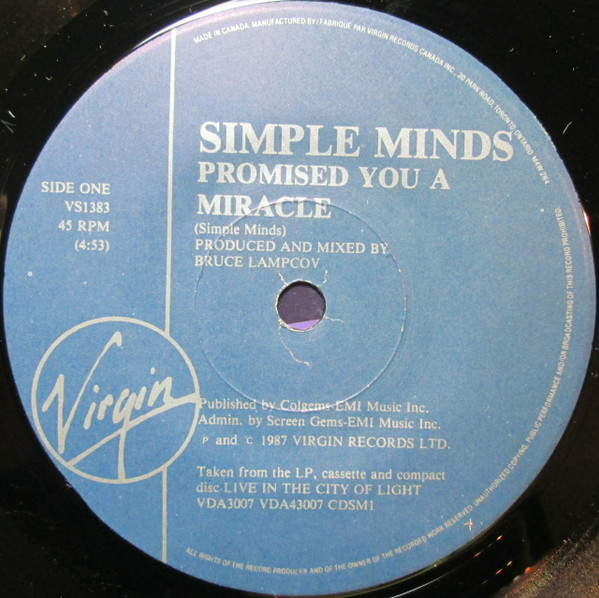 Simple Minds - Promised You A Miracle / Book Of Brilliant Things (Simple Minds Live) | Virgin Records Canada Inc. (VS1383) - 3 Simple Minds - Promised You A Miracle / Book Of Brilliant Things (Simple Minds Live) | Virgin Records Canada Inc. (VS1383) - 3