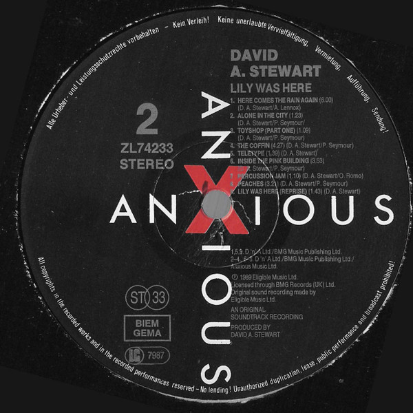 David A. Stewart And Featuring Candy Dulfer - Lily Was Here | RCA (ZL 74233) - 4