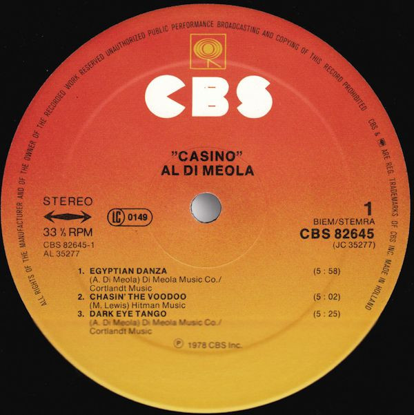 Al Di Meola - Casino | CBS (CBS 82645) - 3 Al Di Meola - Casino | CBS (CBS 82645) - 3