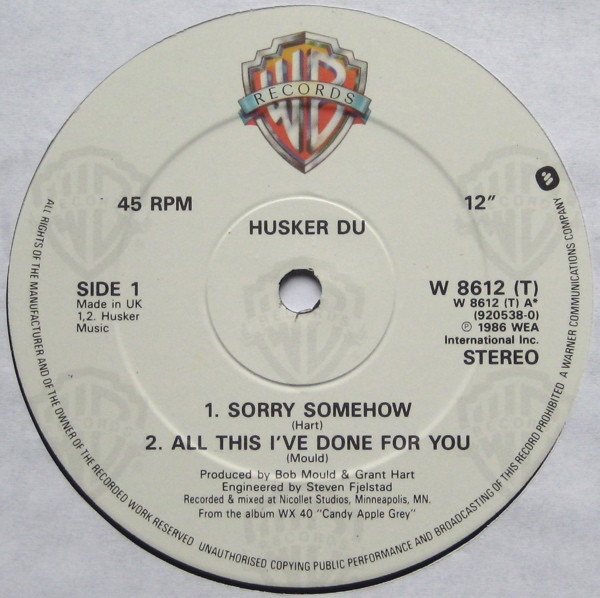 Hüsker Dü - Sorry Somehow | Warner Bros. Records (W8612T) - 3