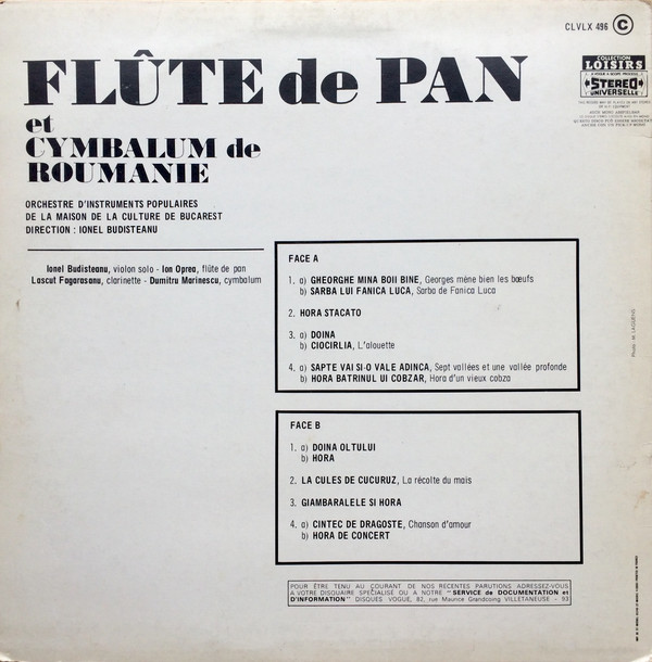 Orchestre D'Instruments Populaires De La Maison De La Culture De Bucarest Direction : Ionel Budisteanu - Flûte De Pan Et Cymbalum De Roumanie | Disques Vogue (CLVLX 496) - 2 Orchestre D'Instruments Populaires De La Maison De La Culture De Bucarest Direction : Ionel Budisteanu - Flûte De Pan Et Cymbalum De Roumanie | Disques Vogue (CLVLX 496) - 2