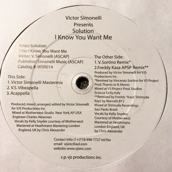 Victor Simonelli Presents Solution - I Know You Want Me | West Side Records (WSR014) - main Victor Simonelli Presents Solution - I Know You Want Me | West Side Records (WSR014) - main