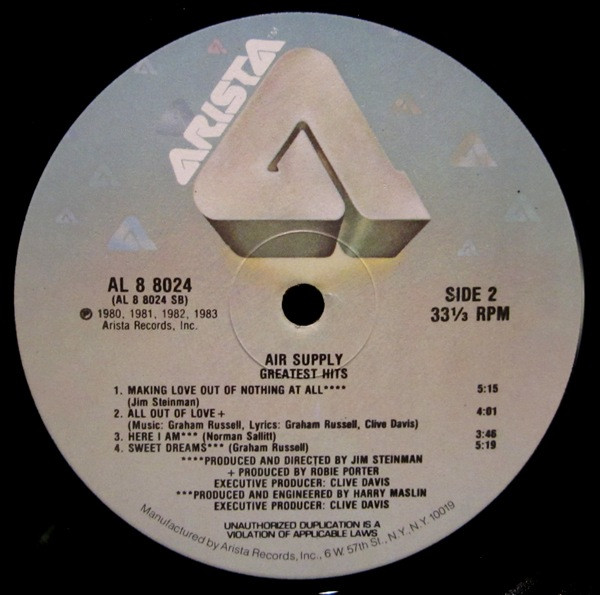 Air Supply - Greatest Hits [Vinyl] | Arista (AL 8 8024) - 4