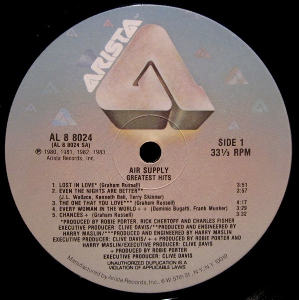 Air Supply - Greatest Hits [Vinyl] | Arista (AL 8 8024) - 3