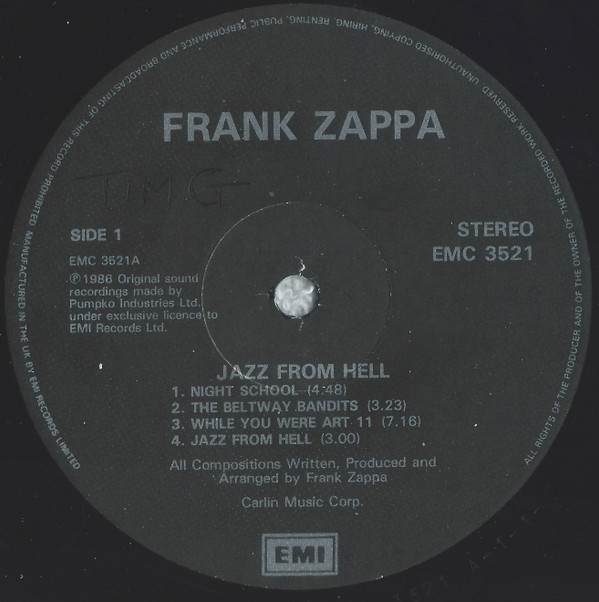 Frank Zappa - Jazz From Hell | EMI (EMC 3521) - 3