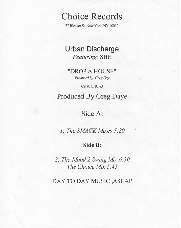 Urban Discharge Featuring: She - Drop A House | Choice Records (CHO 63) - 2