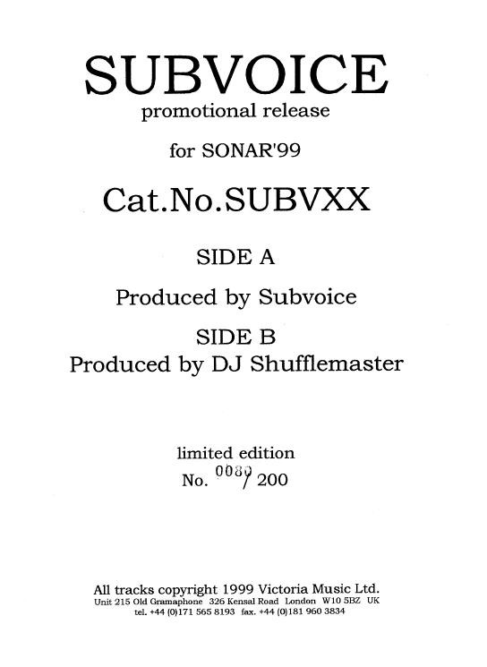 Subvoice / DJ Shufflemaster - Untitled | Subvoice Electronic Music (SUBV XX)