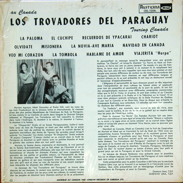 Los Trovadores Del Paraguay - Touring Canada / Au Canada | Rusticana (CKL 1206) - 2