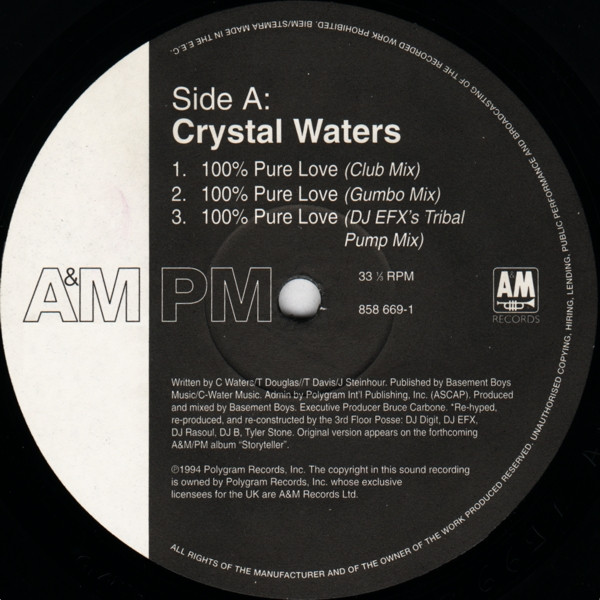 Crystal Waters - 100% Pure Love | A&M Records (858669-1) - 3