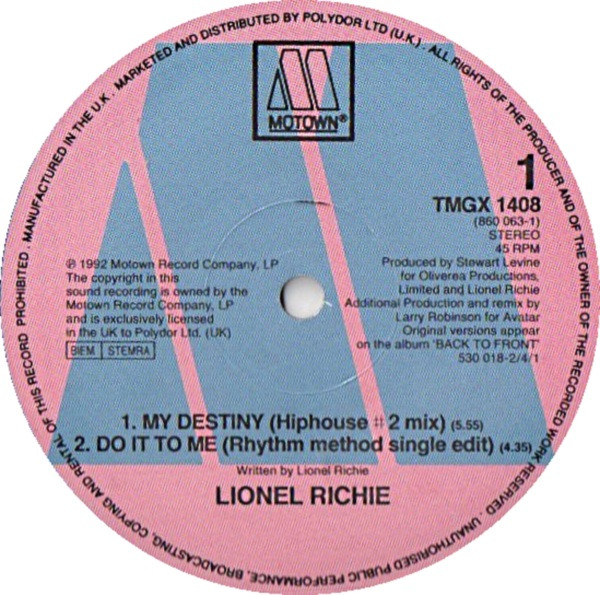 Lionel Richie - My Destiny | Motown (TMGX 1408) - 3
