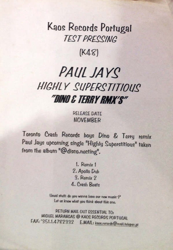Paul Jays - Highly Superstitious (Dino & Terry Remixes) | Kaos Records (K48) - main