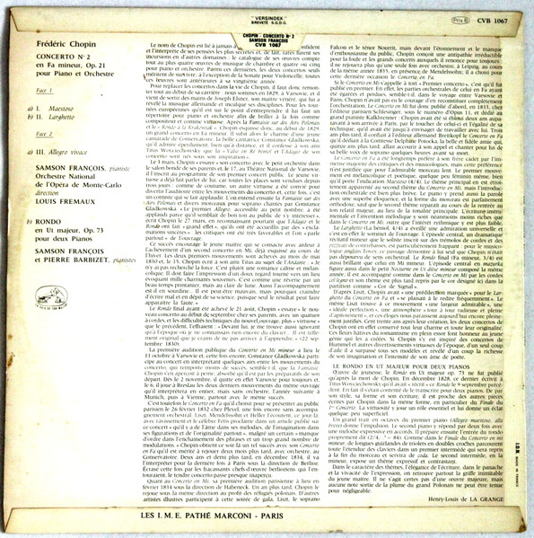 Frederic Chopin - Samson François , Orchestre National De L'Opéra De Monte-Carlo , Louis Frémaux , Pierre Barbizet - Concerto N° 2 En Fa Mineur Op. 21 / Rondo En Ut Majeur, Op. 73 Pour Deux Pianos | La Voix De Son Maître (CVB 1067) - 2 Frederic Chopin - Samson François , Orchestre National De L'Opéra De Monte-Carlo , Louis Frémaux , Pierre Barbizet - Concerto N° 2 En Fa Mineur Op. 21 / Rondo En Ut Majeur, Op. 73 Pour Deux Pianos | La Voix De Son Maître (CVB 1067) - 2