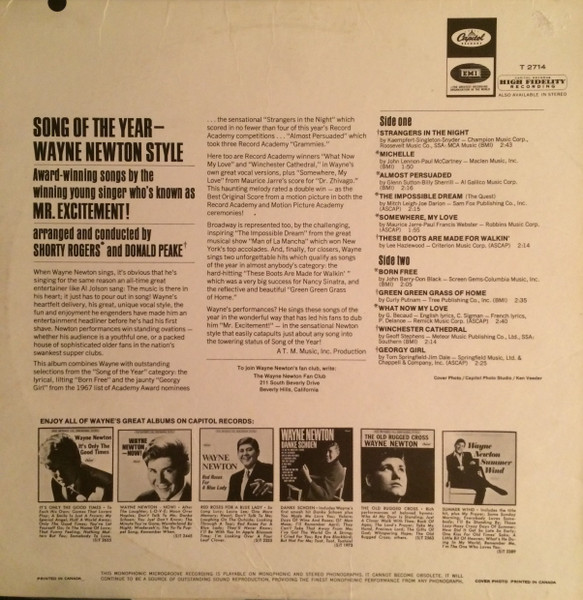 Wayne Newton - Song Of The Year - Wayne Newton Style | Capitol Records (T-2714) - 2 Wayne Newton - Song Of The Year - Wayne Newton Style | Capitol Records (T-2714) - 2