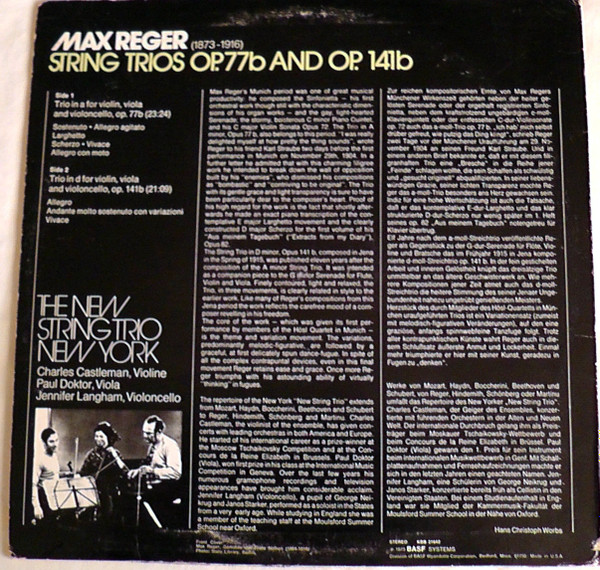Max Reger , The New String Trio, New York - Streichtrios Opus 77b Und Opus 141b | BASF (KBB 21642) - 2