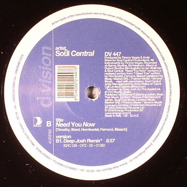 Soul Central - Need You Now | D:vision Records (DV 447) - 2