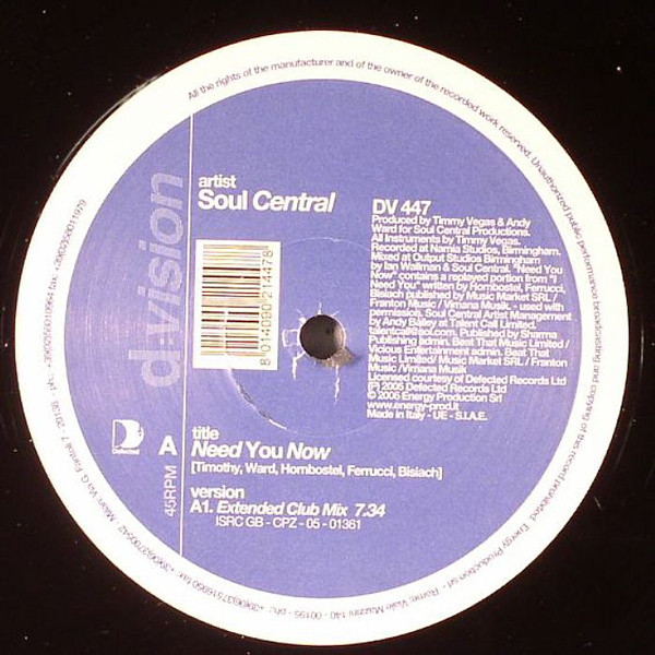 Soul Central - Need You Now | D:vision Records (DV 447) - main