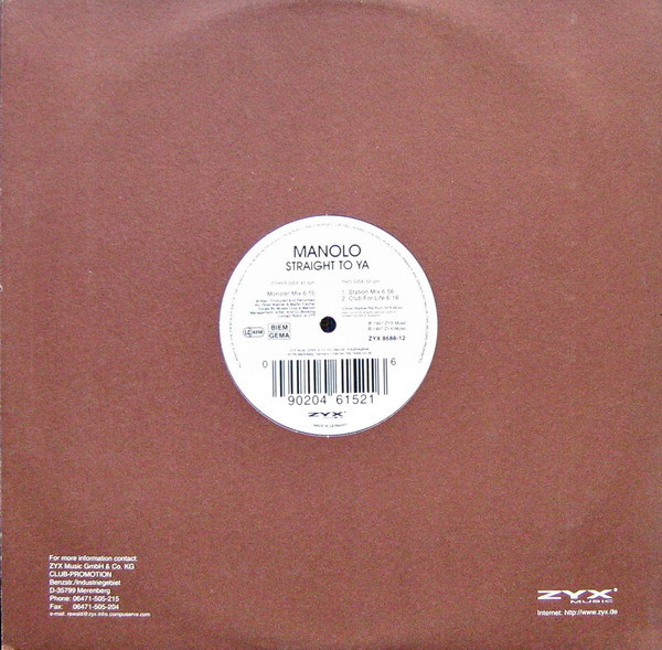 Manolo - Straight To Ya | ZYX Music (ZYX 8688-12) - 3