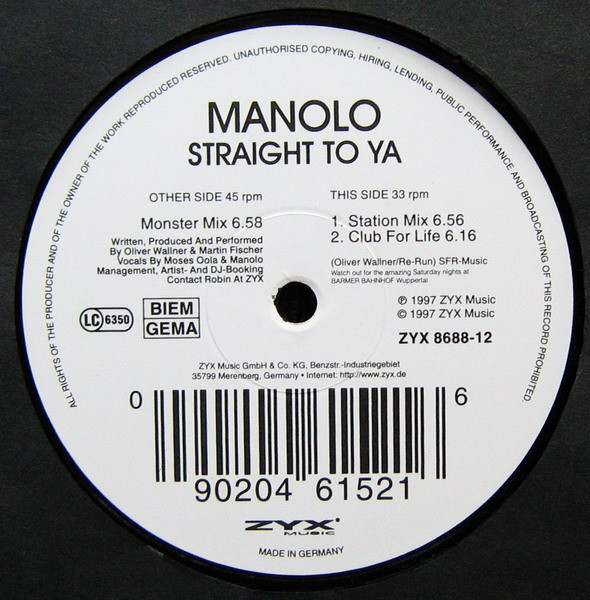 Manolo - Straight To Ya | ZYX Music (ZYX 8688-12) - main