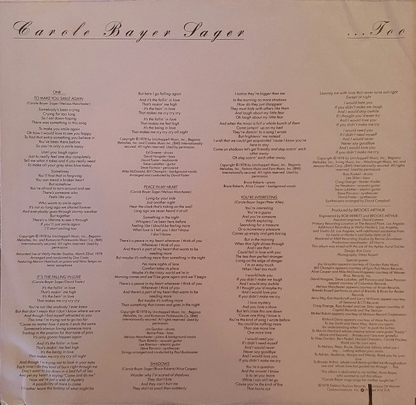 Carole Bayer Sager - ...Too | Elektra (6E-151) - 5