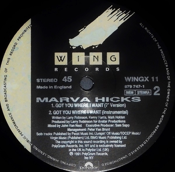 Marva Hicks - I Got You Where I Want | Wing Records (WINGX 11) - 3