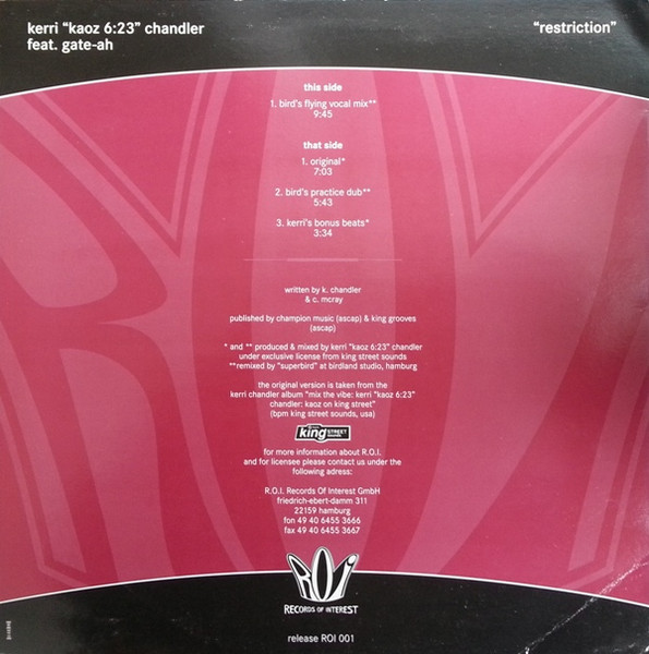 Kerri "Kaoz 6:23" Chandler Feat. Gate-Ah - Restriction | Records Of Interest (ROI 001) - 2 Kerri "Kaoz 6:23" Chandler Feat. Gate-Ah - Restriction | Records Of Interest (ROI 001) - 2