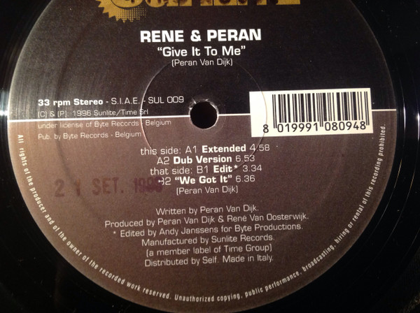 DJ Rene & Peran - Give It To Me | Sunlite (SUL 009) - main