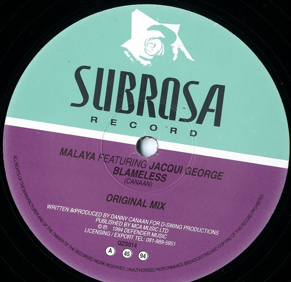 Malaya Featuring Jacqui George - Blameless | Subrosa Record (QZS 014) - main