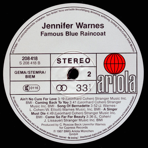 Jennifer Warnes - Famous Blue Raincoat (The Songs Of Leonard Cohen) | Ariola (208 418) - 4