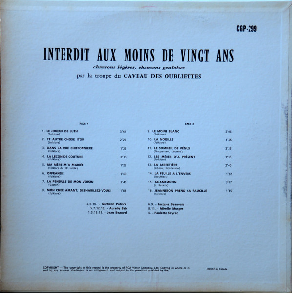 La Troupe Du Caveau Des Oubliettes - Interdit Aux Moins De 20 Ans, Chansons Légères, Chansons Gauloises | RCA Victor (CGP-299) - 2 La Troupe Du Caveau Des Oubliettes - Interdit Aux Moins De 20 Ans, Chansons Légères, Chansons Gauloises | RCA Victor (CGP-299) - 2