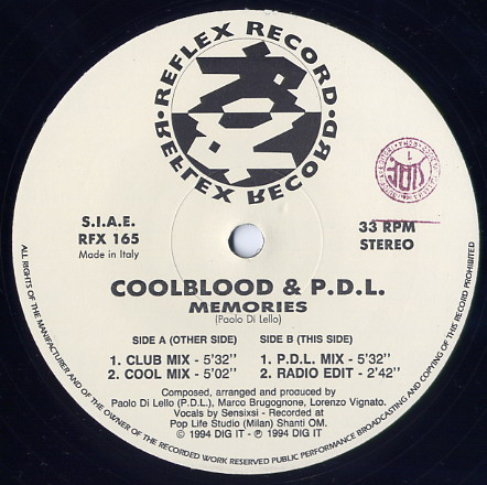 Coolblood & P.D.L. - Memories | Reflex Records (RFX 165)