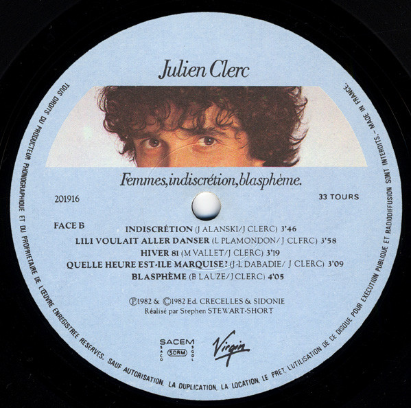 Julien Clerc - Femmes, Indiscrétion, Blasphème. | Virgin (201916) - 4