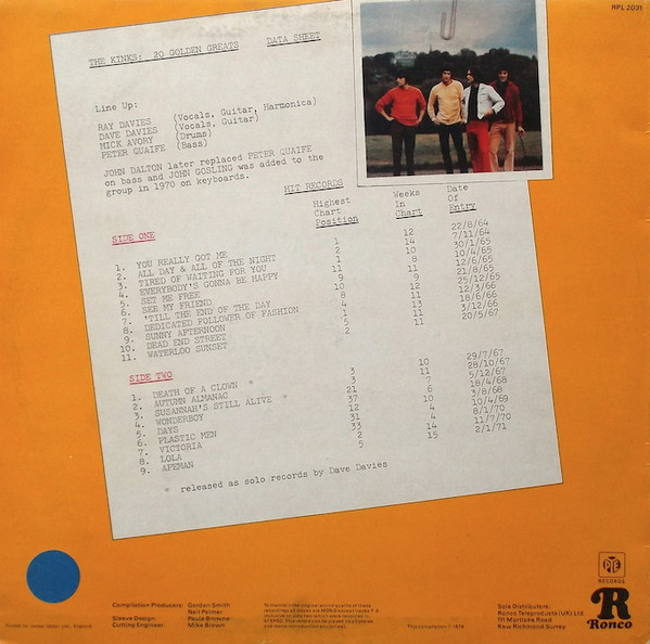 The Kinks - 20 Golden Greats | Ronco (RPL 2031) - 3 The Kinks - 20 Golden Greats | Ronco (RPL 2031) - 3