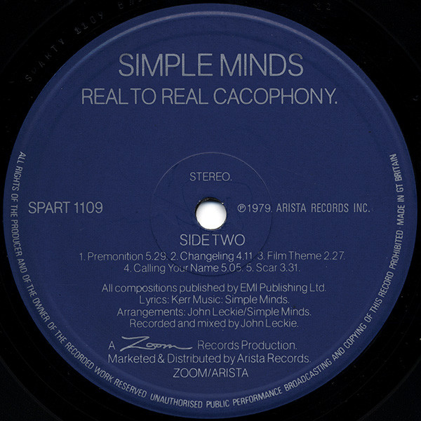 Simple Minds - Real To Real Cacophony. | Zoom Records (SPART 1109) - 4 Simple Minds - Real To Real Cacophony. | Zoom Records (SPART 1109) - 4