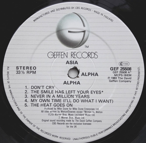 Asia - Alpha | Geffen Records (GEF 25508) - 3