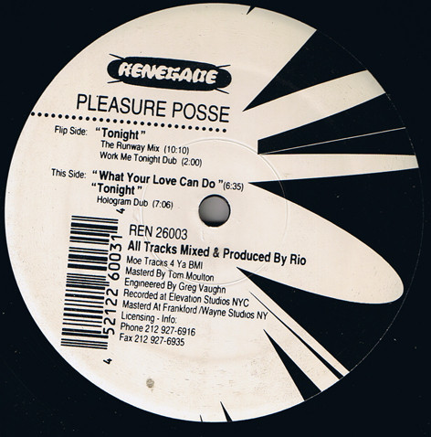 Pleasure Posse - Tonight | Renegade Records NYC (REN 26003)