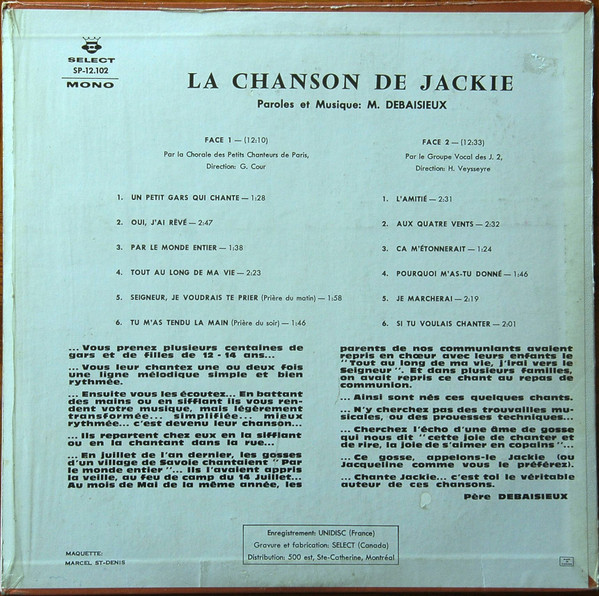 La Chorale Des Petits Chanteurs De Paris , Le Groupe Vocal Des J2 - La Chanson De Jackie | Select (SP-12.102) - 2