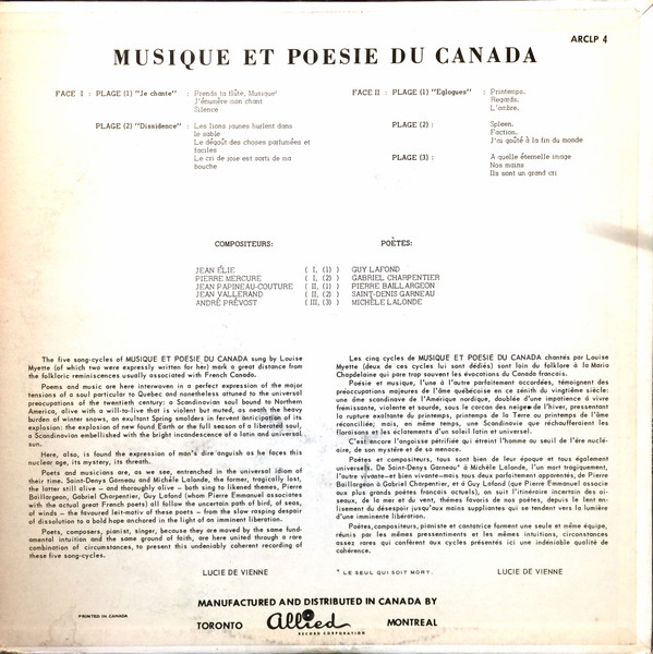 Louise Myette , Josephte Dufresne , Gisèle Millet - "Musique Et Poésie Du Canada" XXième Siècle | Allied (ARCLP-4) - 2 Louise Myette , Josephte Dufresne , Gisèle Millet - "Musique Et Poésie Du Canada" XXième Siècle | Allied (ARCLP-4) - 2
