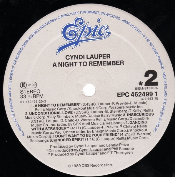 Cyndi Lauper - A Night To Remember | Epic (EPC 462499 1) - 4 Cyndi Lauper - A Night To Remember | Epic (EPC 462499 1) - 4
