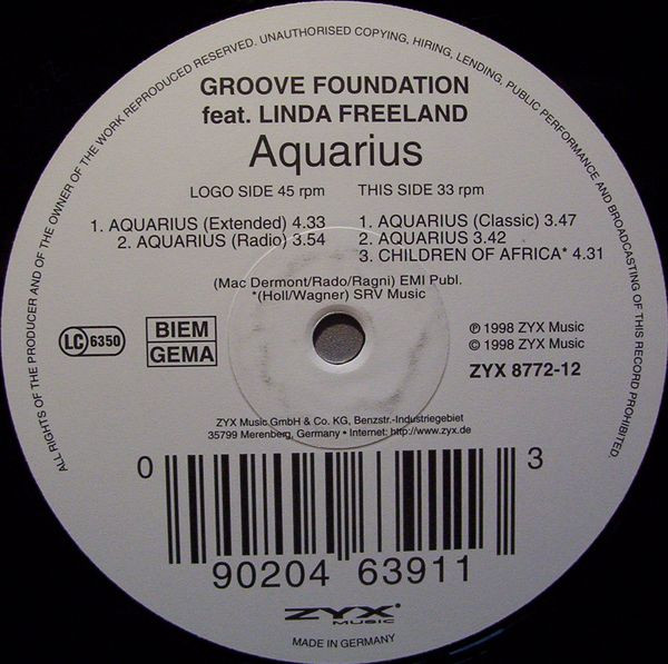 Groove Foundation Feat. Linda Freeland - Aquarius | ZYX Music (ZYX 8772-12) - main Groove Foundation Feat. Linda Freeland - Aquarius | ZYX Music (ZYX 8772-12) - main
