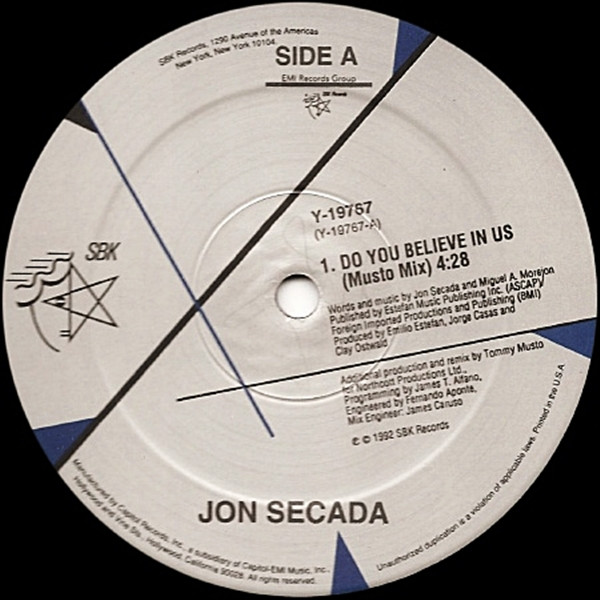 Jon Secada - Do You Believe In Us / Just Another Day | SBK Records (Y-19767) - 2