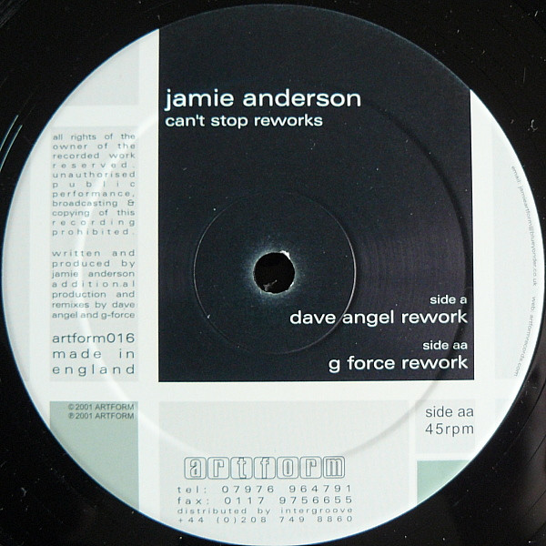 Jamie Anderson - Can't Stop Reworks | Artform (artform016) - main