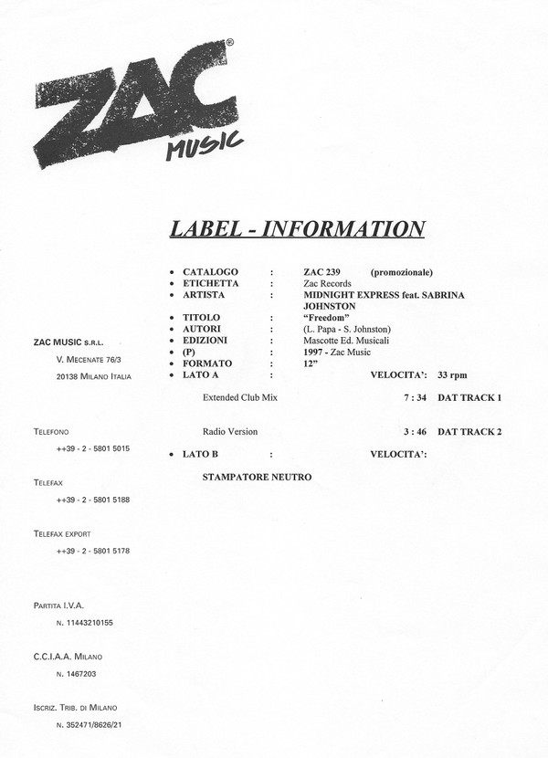 Midnight Express Feat. Sabrina Johnston - Freedom | ZAC Records (ZAC 239) - 5