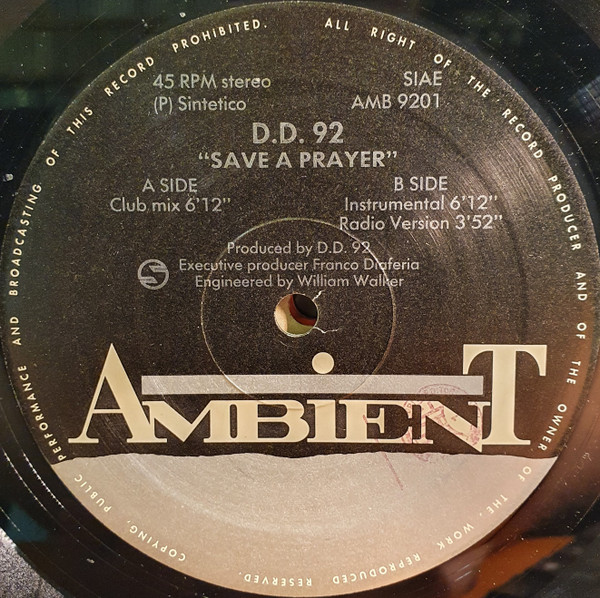 D.D. 92 - Save A Prayer | Ambient Records (AMB 9201) - main D.D. 92 - Save A Prayer | Ambient Records (AMB 9201) - main
