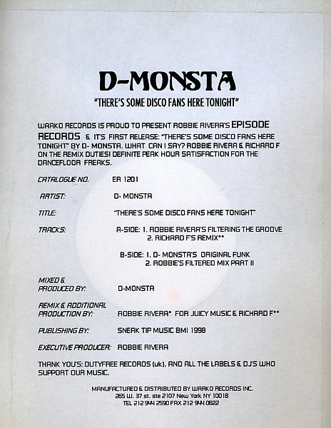 D. Monsta - There's Some Disco Fans In Here Tonight | Episode Records (ER 1201)
